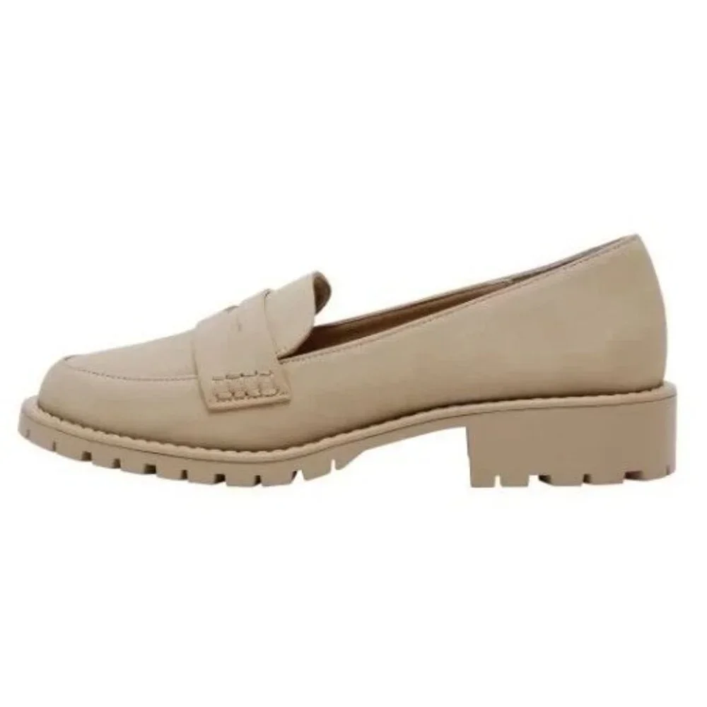 DV Dolce Vita 7 Lug Loafer Crisp Chunky Heel Slip On Shoes Vegan Suede Beige